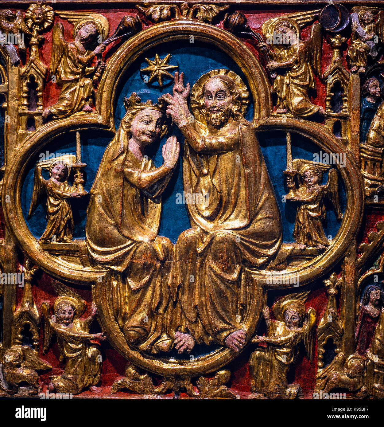 Sacre Art - Sculptor of Aosta - ancona of the altar with the coronation of the Virgin and Stories of St Pantaleon 1330 - 1334 Stock Photo