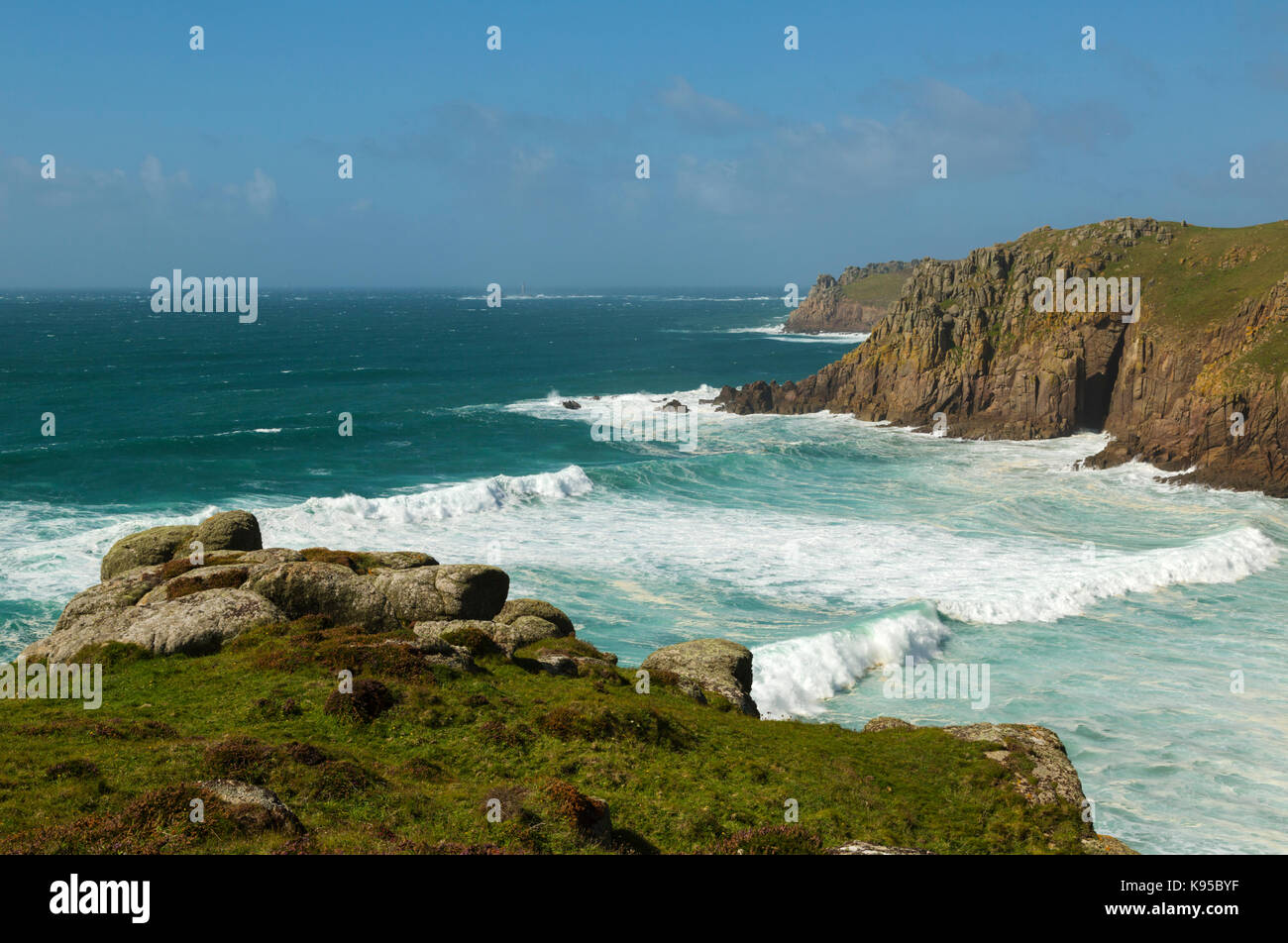 Crashing waves at Pendower Cove in South West Cornwall Stock Photo