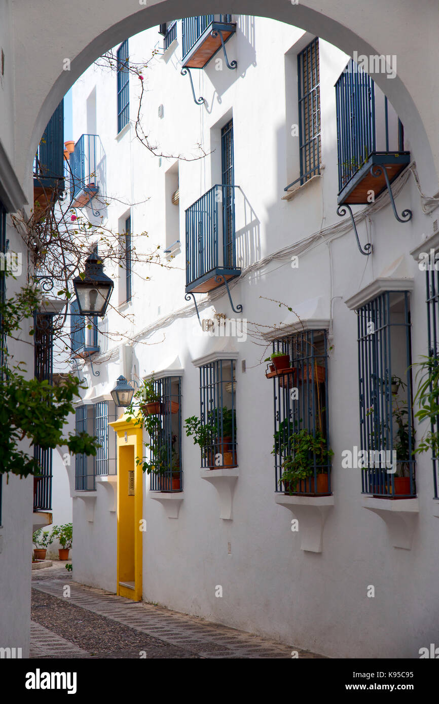 typical andalusian street in Granada city with white facades and bars