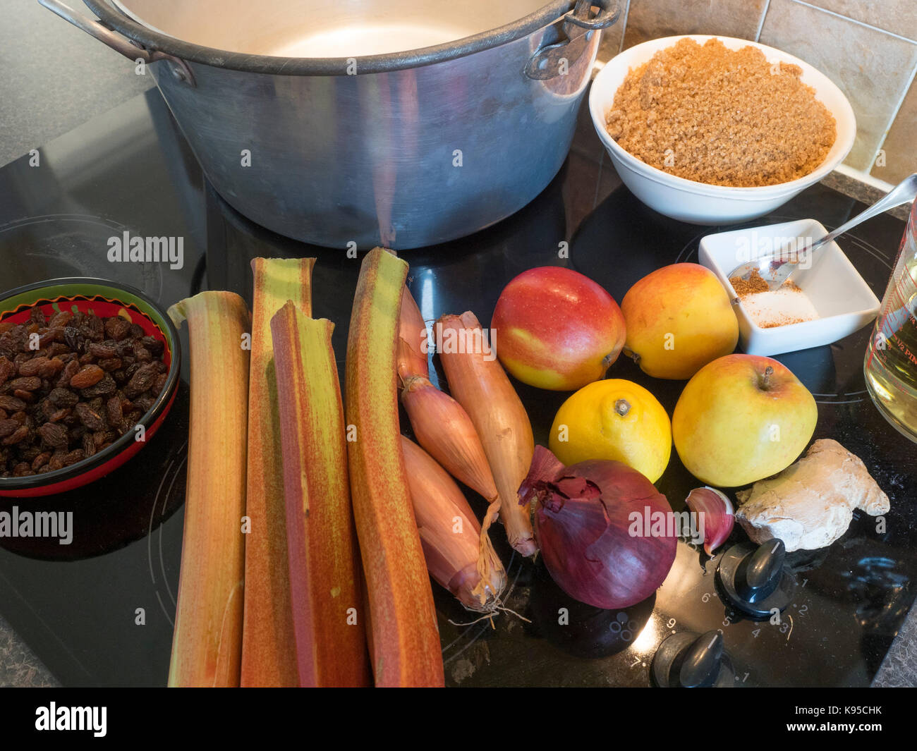 Ingredients for making Rhubarb Chutney Stock Photo