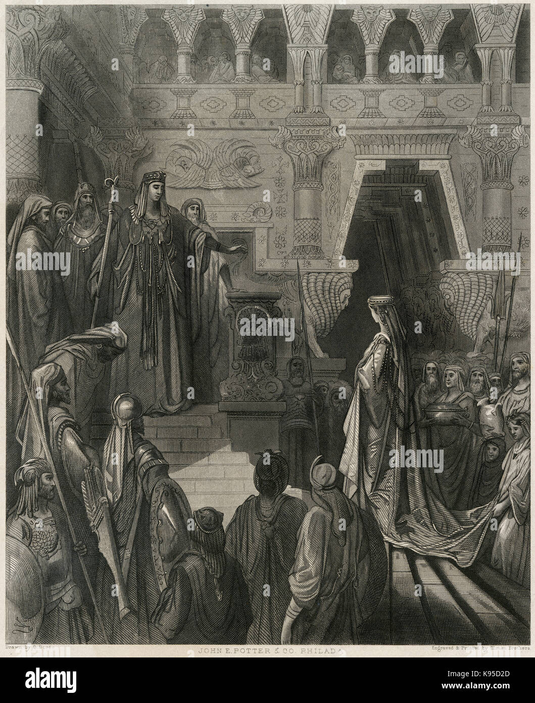 Antique c1880 engraving, The Queen of Sheba Visiting Solomon, drawn by Gustave Dore. SOURCE: ORIGINAL ENGRAVING. Stock Photo