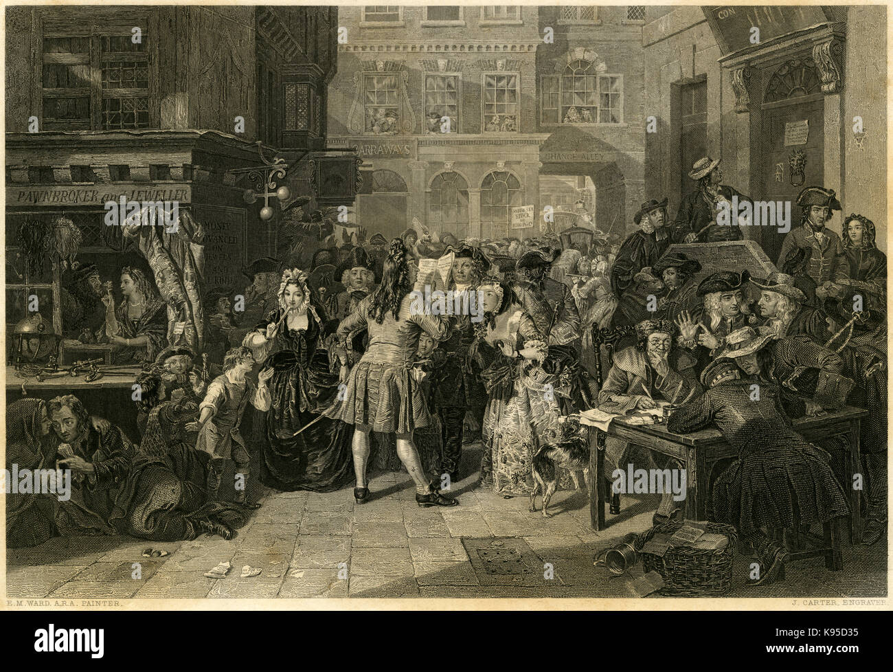 Antique c1860 engraving, 'The South Sea Bubble, a Scene in ÔChange Alley in 1720' painted by Edward Matthew Ward (1816-1879). SOURCE: ORIGINAL STEEL ENGRAVING. Stock Photo