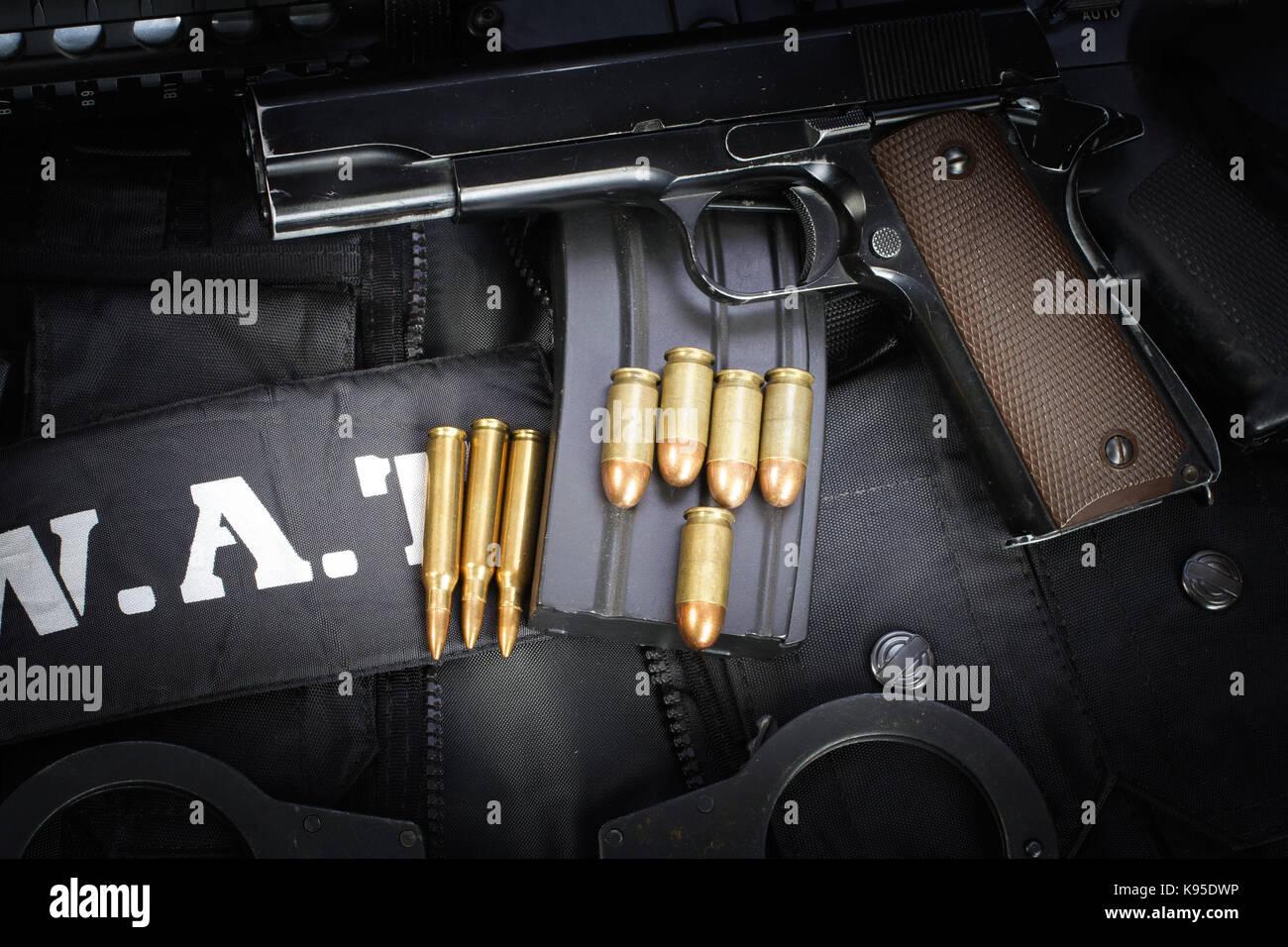 SWAT equipment on black background Stock Photo Alamy