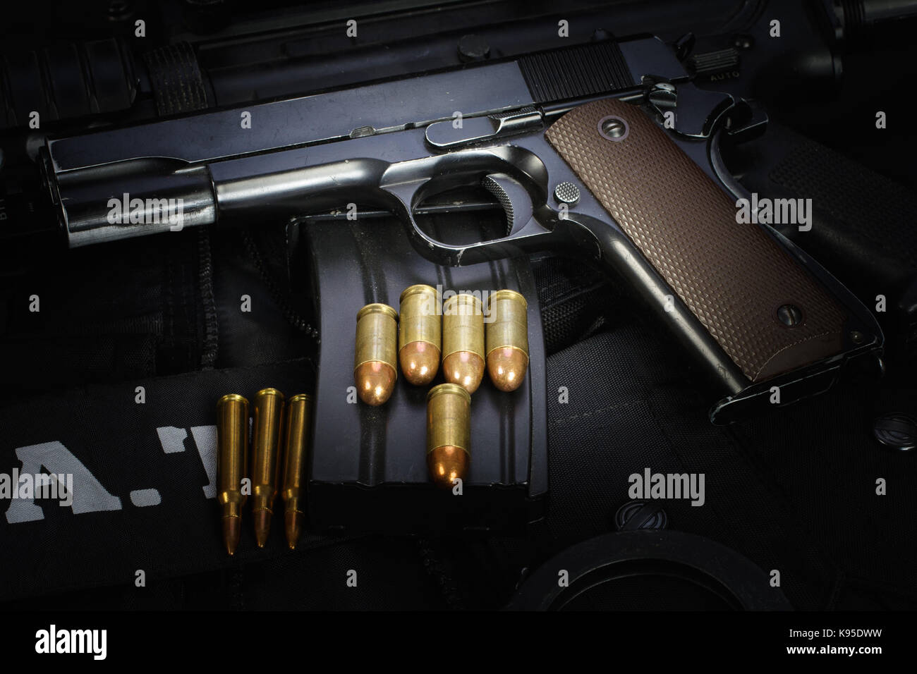 SWAT equipment on black background Stock Photo Alamy