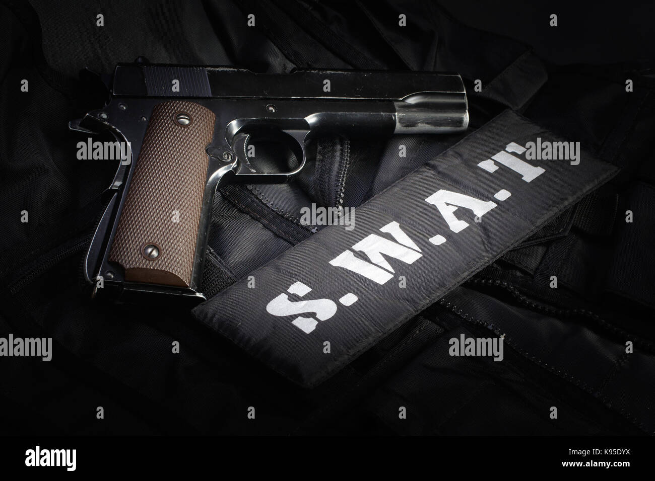 SWAT equipment on black background Stock Photo Alamy