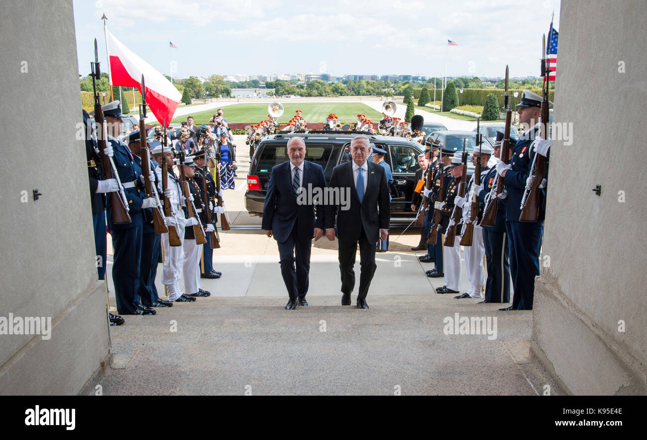 Secretary of Defense Jim Mattis hosts an enhanced honor cordon for Poland’s Minister of Defense Antoni Macierewicz Sept. 21, Stock Photo