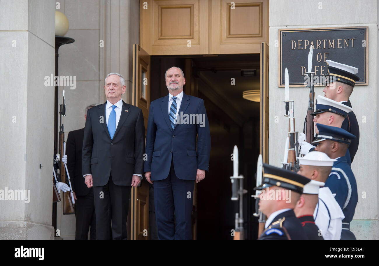 Secretary of Defense Jim Mattis hosts an enhanced honor cordon for Poland’s Minister of Defense Antoni Macierewicz Sept. 21, Stock Photo