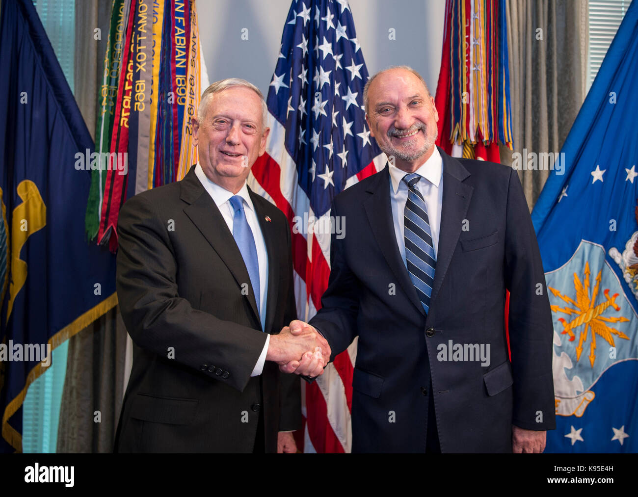 Secretary of Defense Jim Mattis hosts an enhanced honor cordon for Poland’s Minister of Defense Antoni Macierewicz Sept. 21, Stock Photo