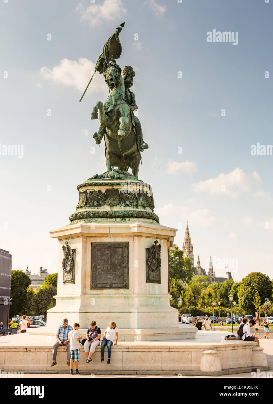 VIENNA, AUSTRIA - AUGUST 28: Tourists at the Statue of Archduke Charles on the Heldenplatz in Vienna, Austria on August 28, 2017. Stock Photo