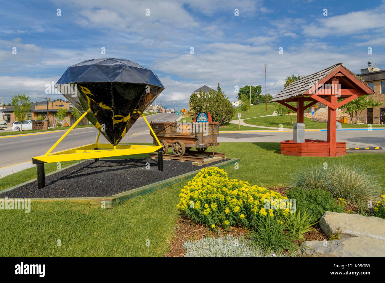 Display of coal cart and diamond, Black Diamond, Alberta, Canada Stock