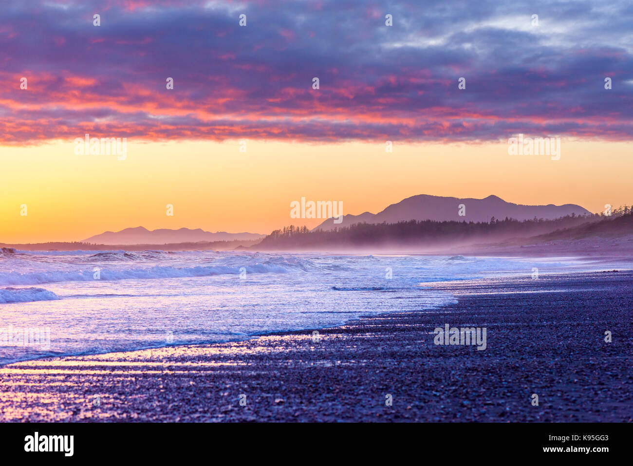 Sunset, Long Beach, Pacific Rim National Park, Vancouver Island, British Columbia, Canada. Stock Photo