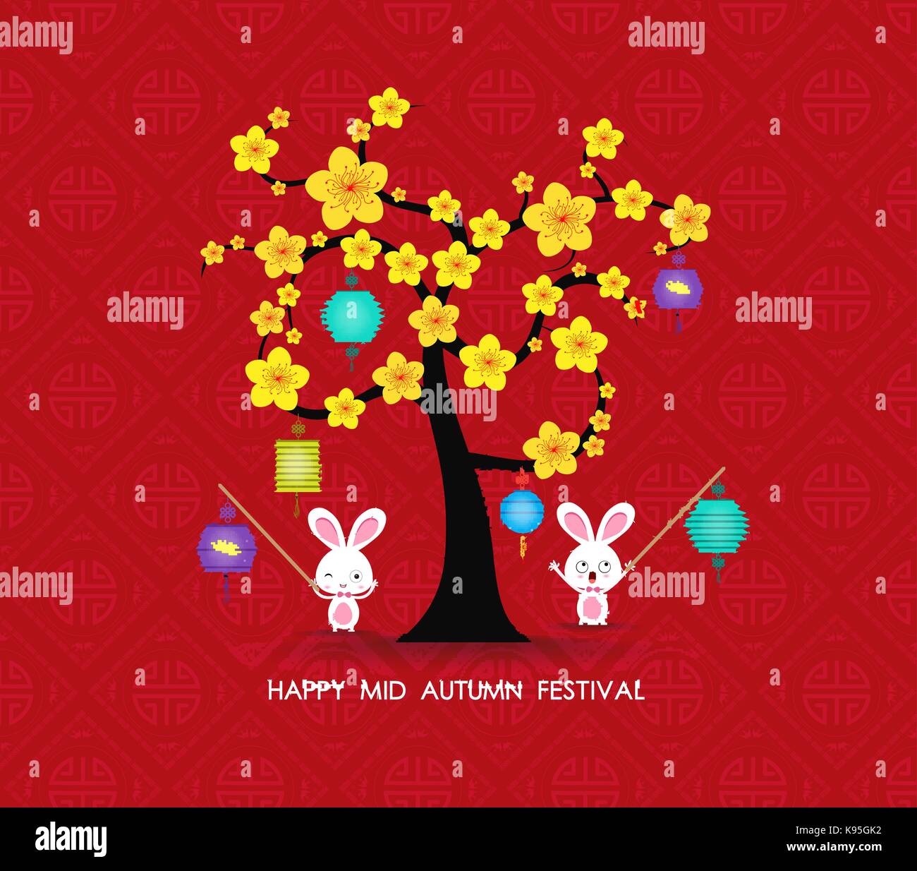 Mid autumn festival rabbit playing with lanterns. Happy greeting card ...