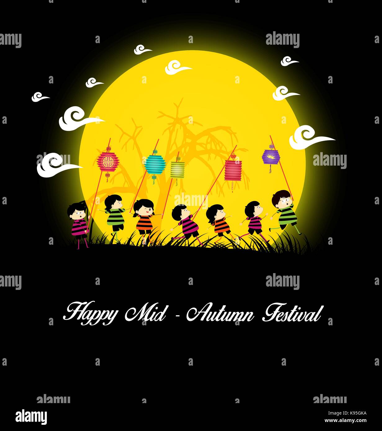 Mid Autumn Festival background with kids playing lanterns Stock Vector ...
