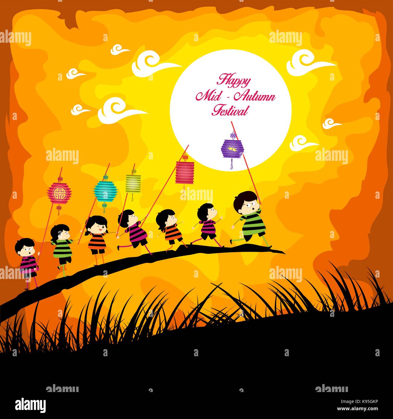Mid Autumn Festival background with kids playing lanterns Stock Vector ...