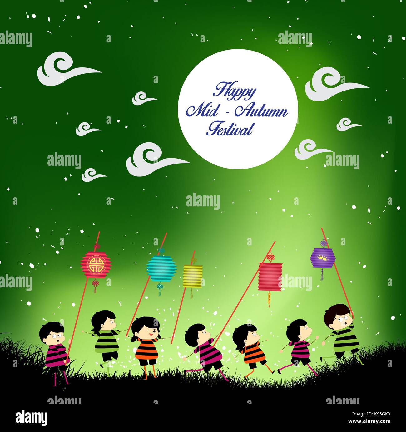 Mid Autumn Festival Background With Kids Playing Lanterns Stock Vector Image Art Alamy