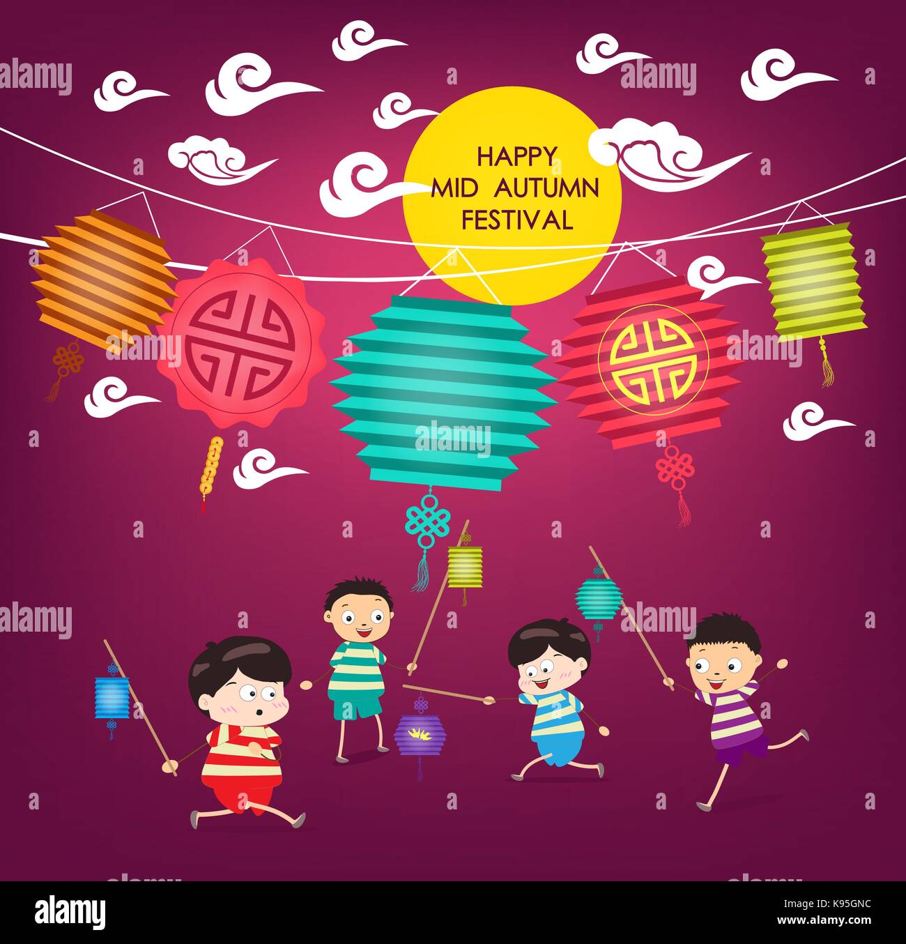 Mid Autumn Festival background with happy kids playing lanterns Stock ...