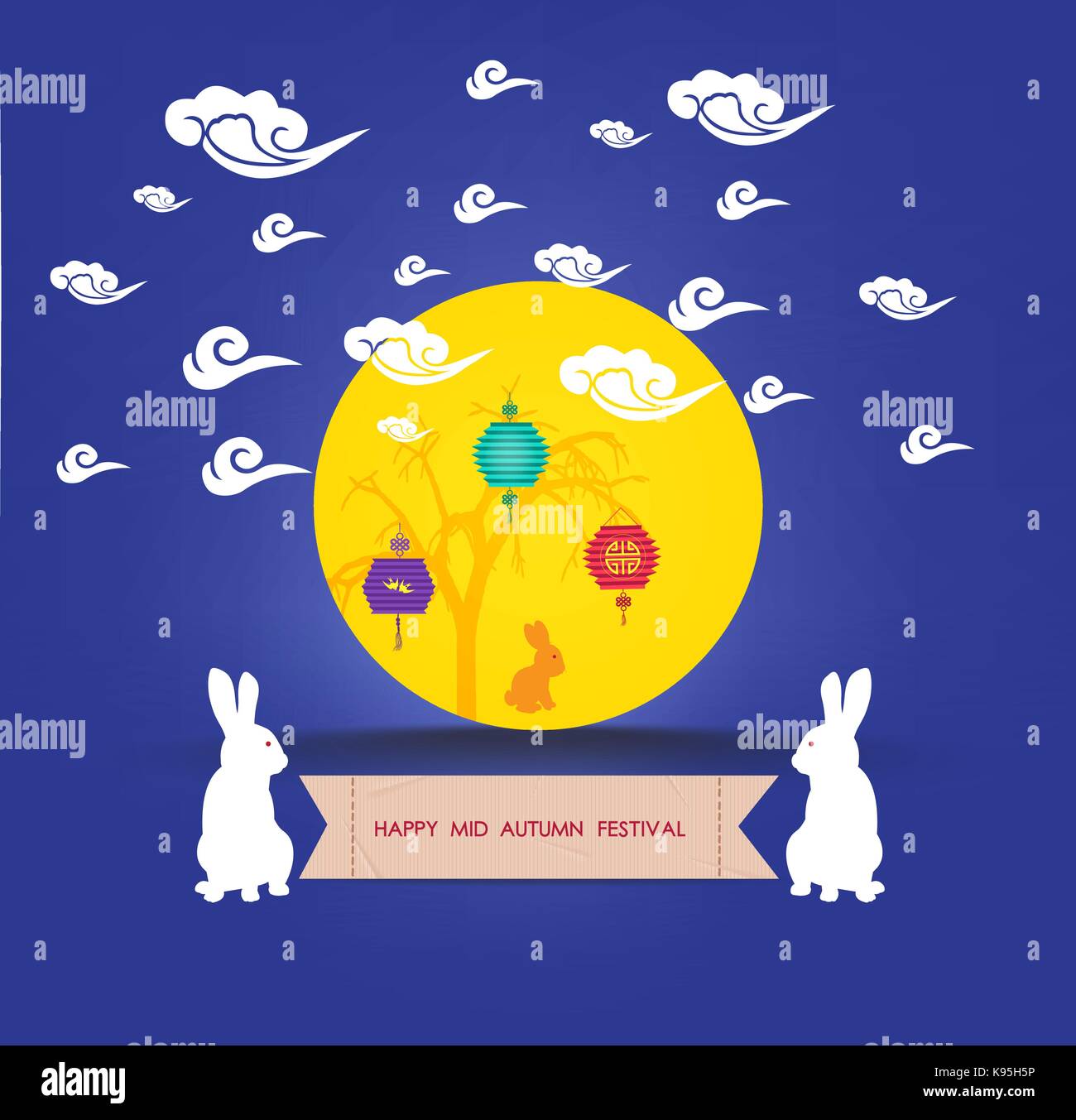 Mid Autumn Lantern Festival. Full moon and rabbit family Stock Vector ...