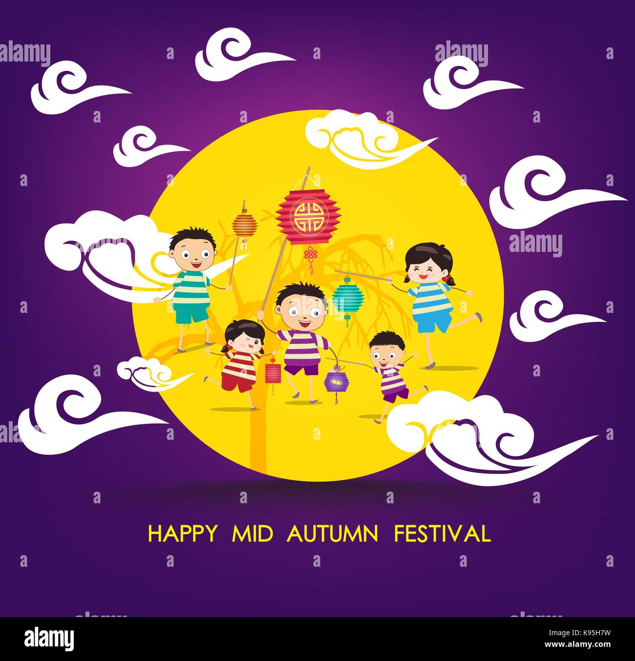 Mid Autumn Festival Background With Happy Kids Playing Lanterns Stock Vector Image Art Alamy