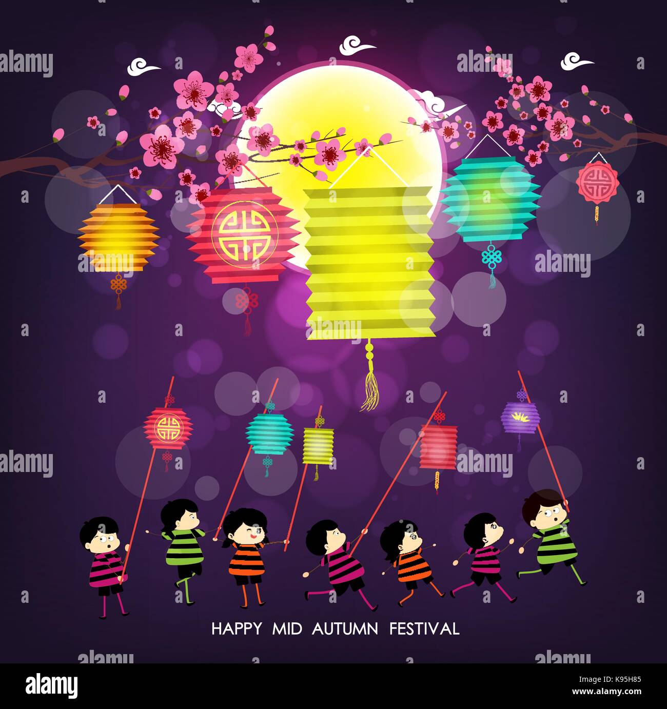 Mid Autumn Festival Background With Happy Kids Playing Lanterns Stock Vector Image Art Alamy
