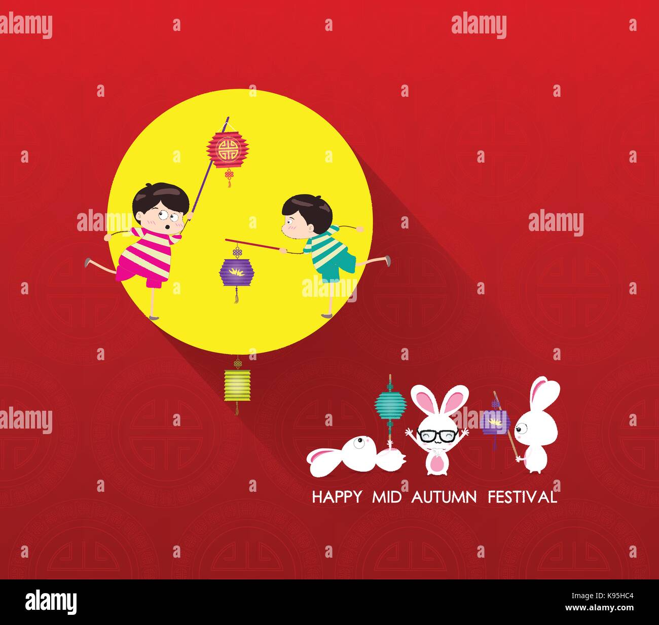Mid Autumn Festival background with lantern, rabbit and full moon Stock ...