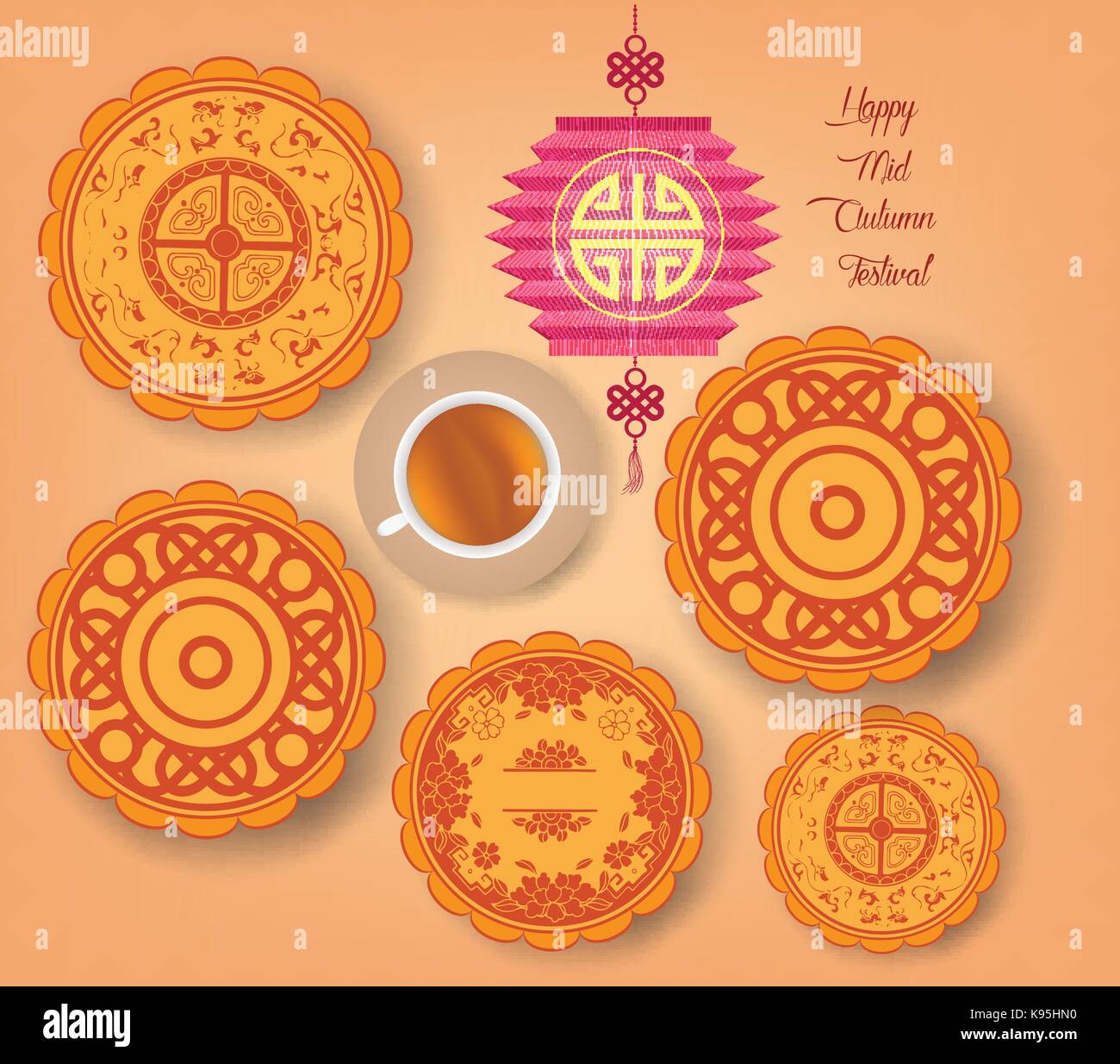 Chinese mid autumn festival background with lantern, tea and cake Stock ...