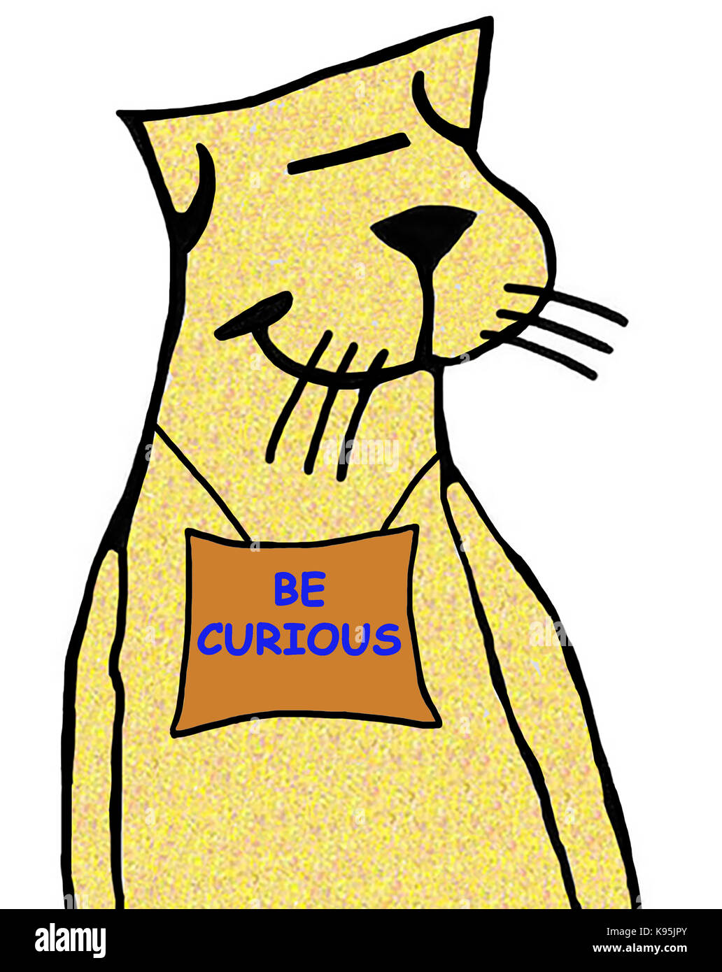 Cartoon illustration of a yellow cat wearing a sign 'be curious' Stock ...