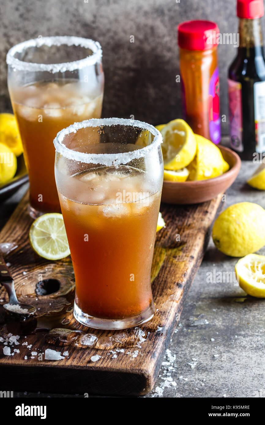 Mexican Michelada. Traditional Latin American mexican spicy refreshing