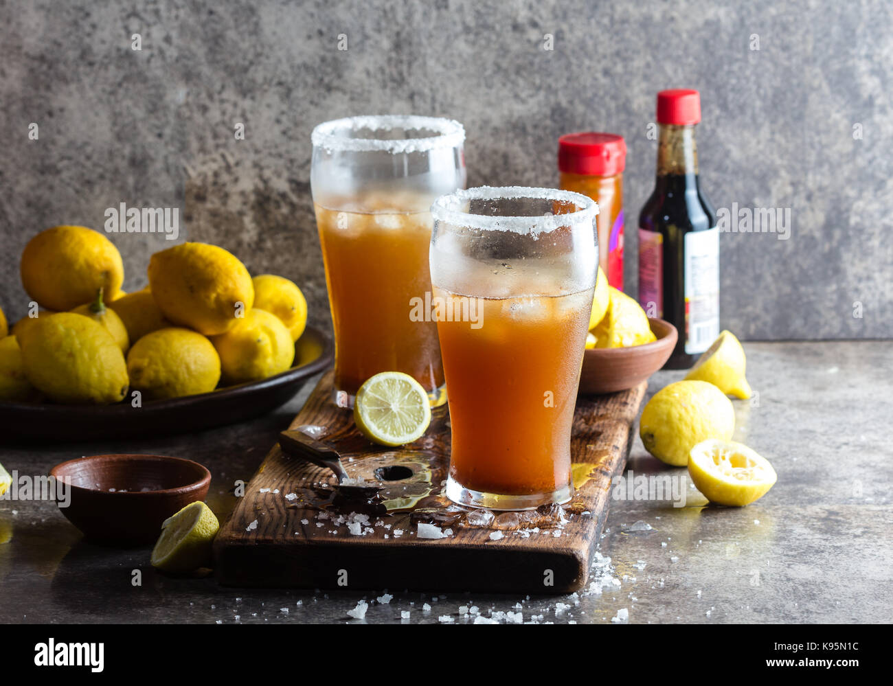 Mexican Michelada. Traditional Latin American mexican spicy refreshing