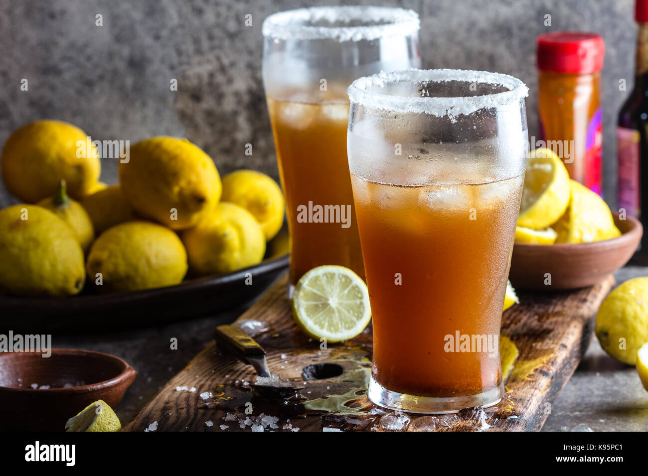 Mexican Michelada. Traditional Latin American mexican spicy refreshing