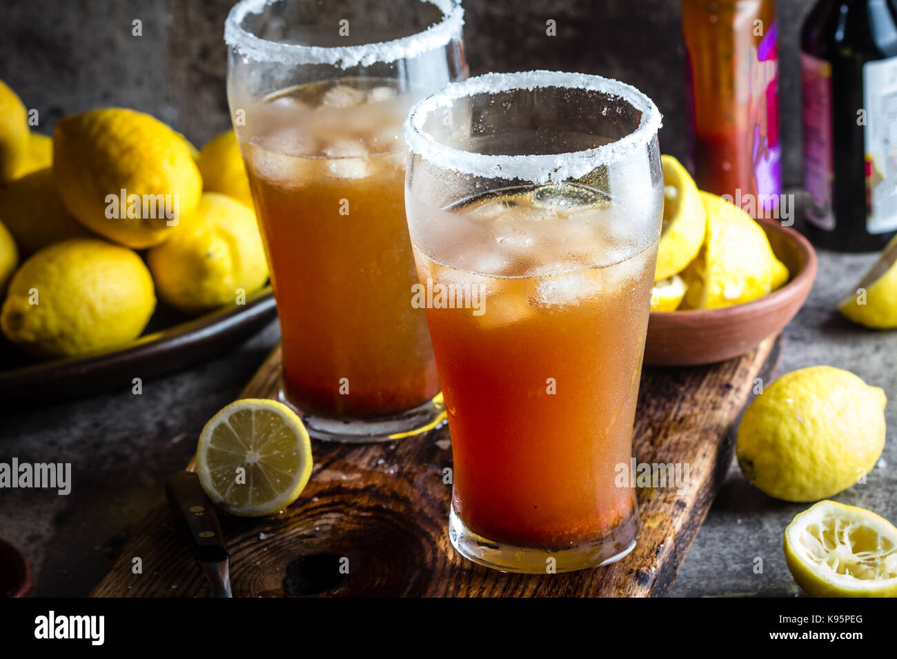 Mexican Michelada. Traditional Latin American mexican spicy refreshing