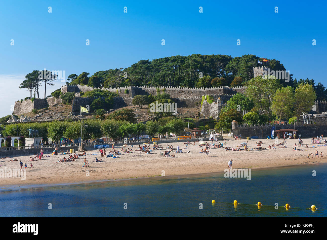 Monterreal castle and Ribeira beach, Bayona, Pontevedra province, Region of Galicia, Spain, Europe Stock Photo