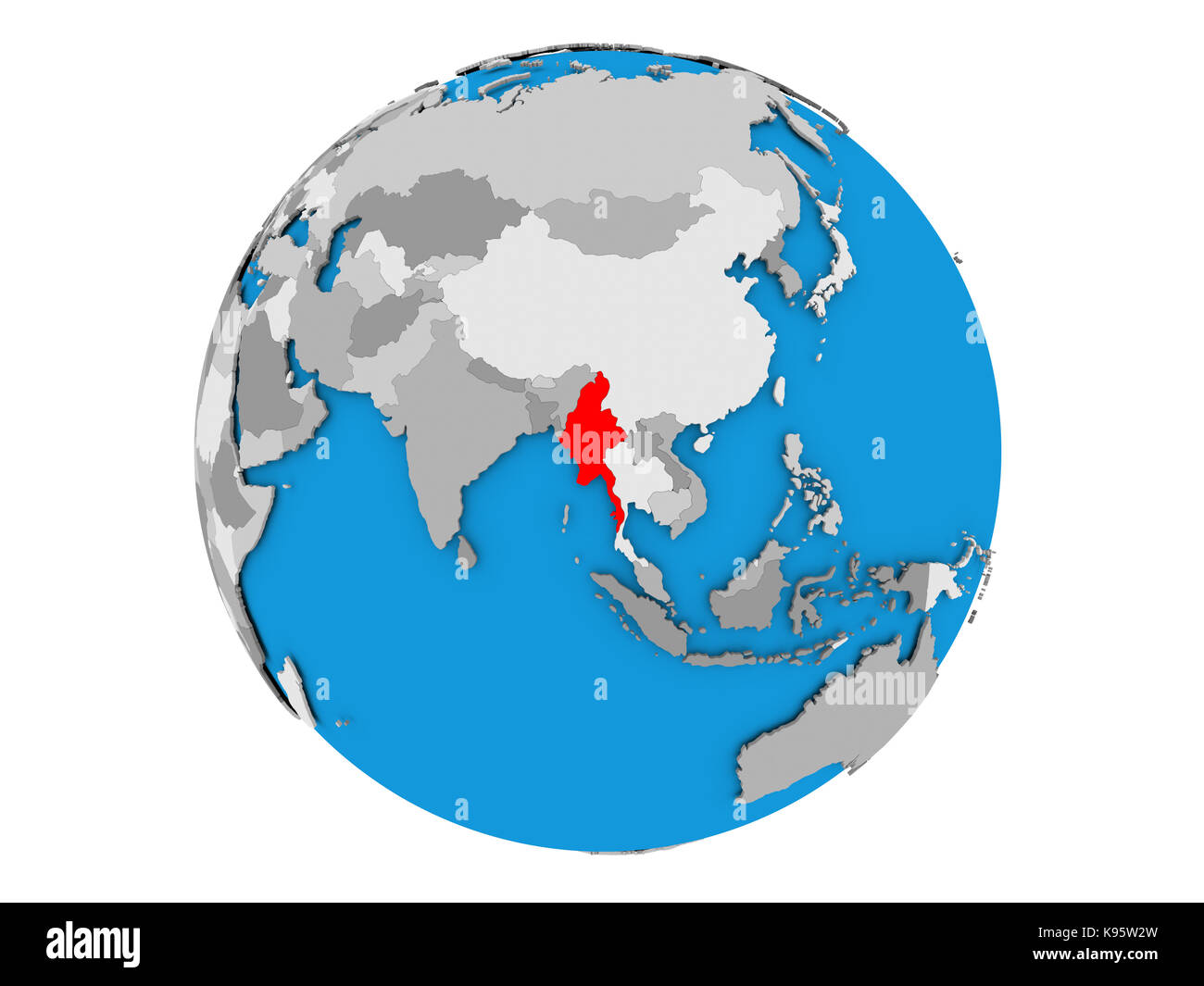 Myanmar highlighted in red on political globe. 3D illustration isolated ...