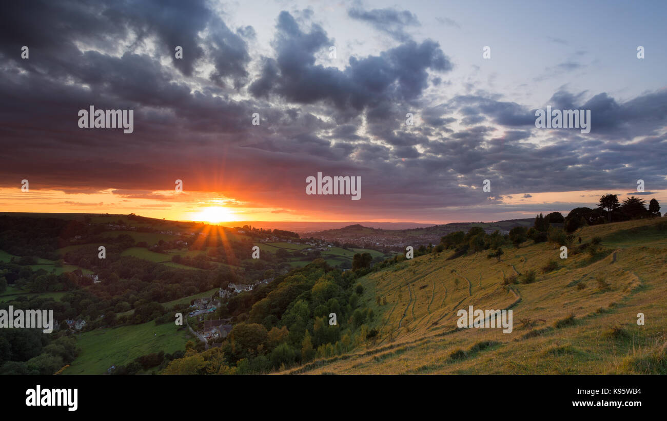 Sunset over Rodborough Common looking towards Stroud, Gloucesterhire Stock Photo