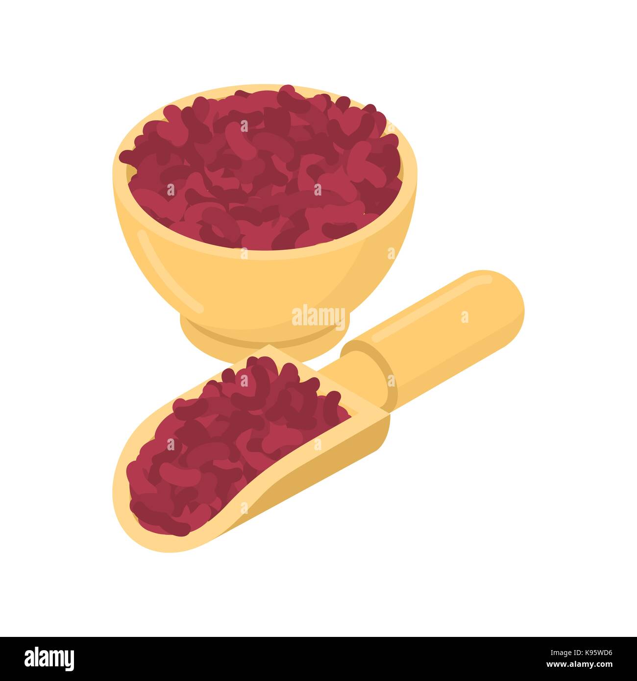 Red beans in wooden bowl and spoon. Groats in wood dish and shovel. Grain on white background. Vector illustration Stock Vector