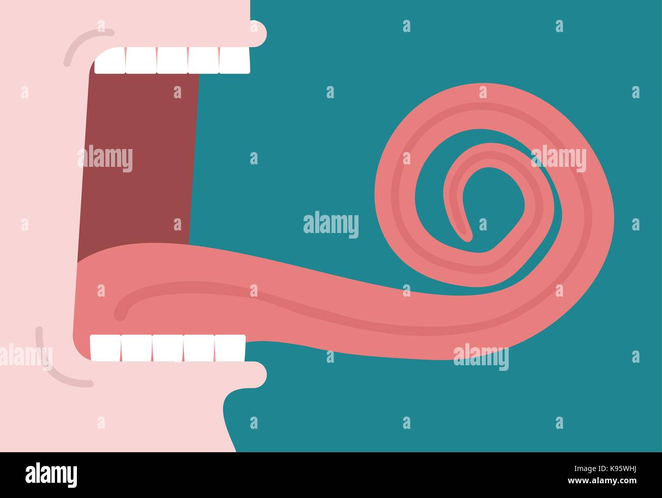 Open mouth and long tongue spiral. Vector illustration Stock Vector