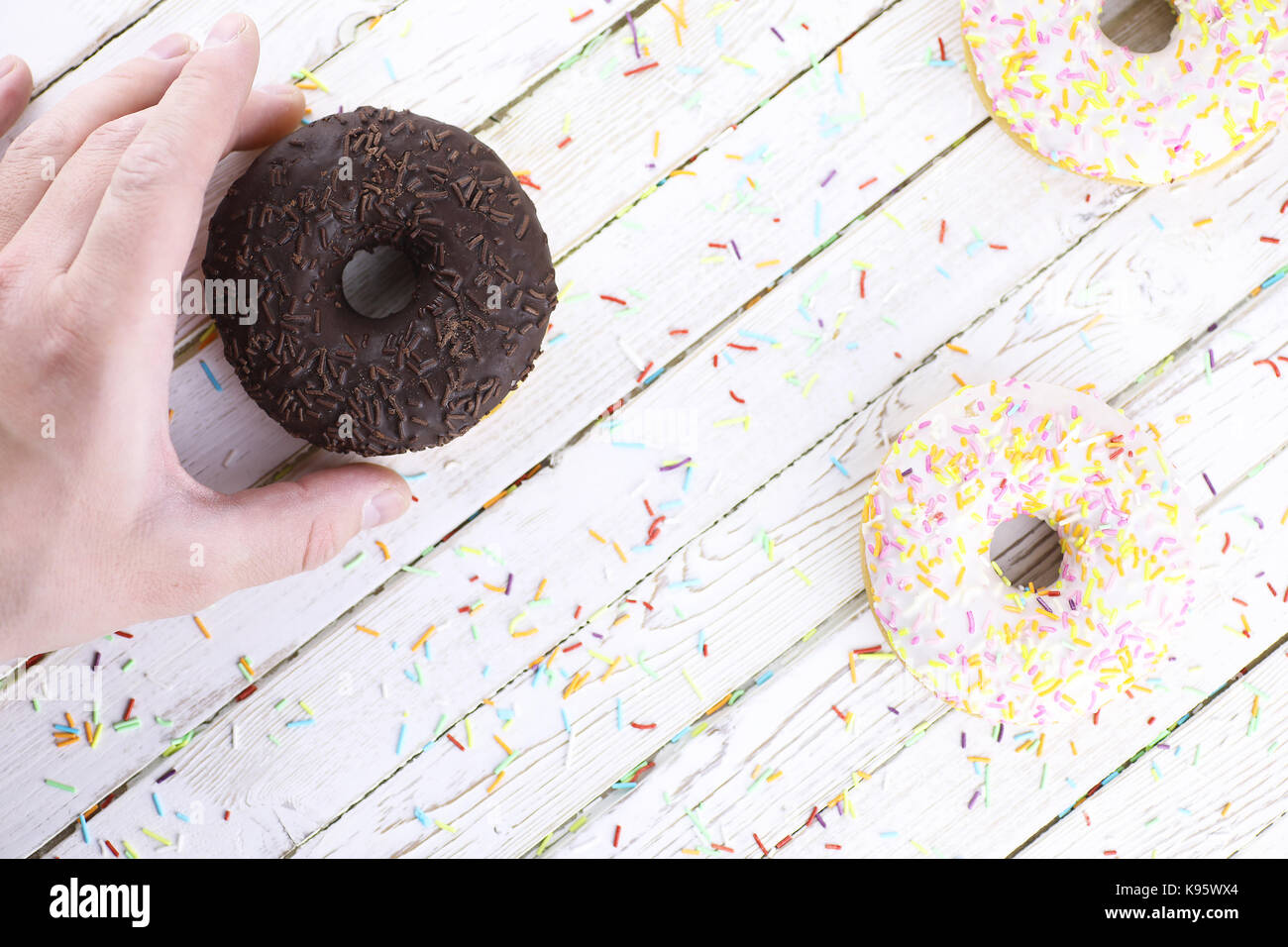 Chocolate Donut on a wooden white background Stock Photo - Alamy