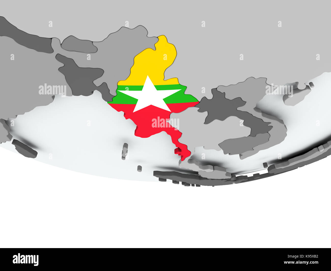 3D render of Myanmar with flag on grey globe. 3D illustration Stock ...