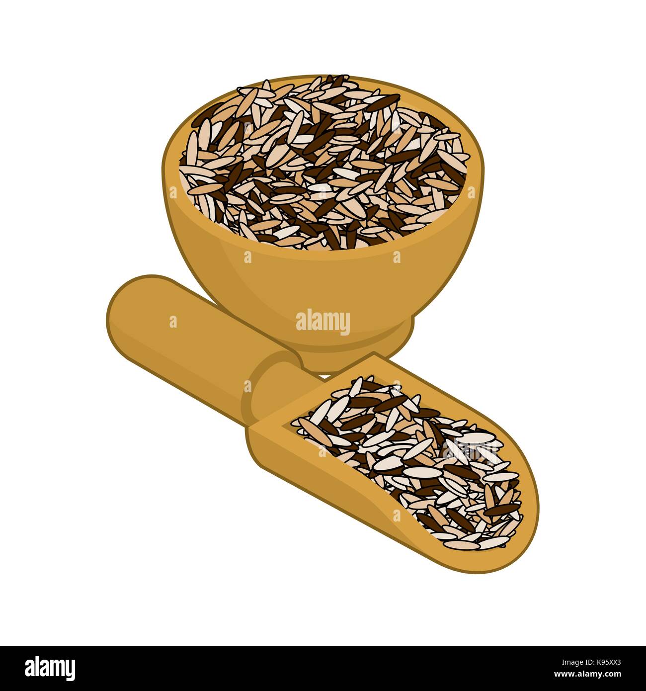 Wild rice in wooden bowl and spoon. Groats in wood dish and shovel