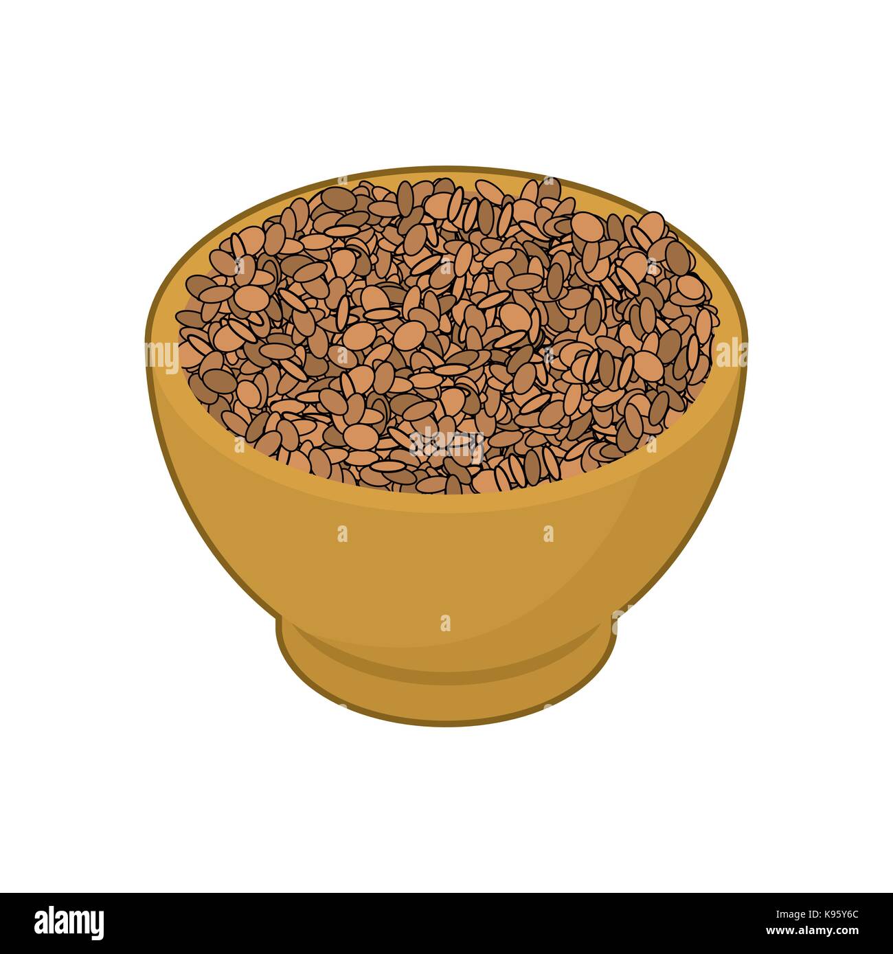 Lentils in wooden bowl isolated. Groats in wood dish. Grain on white background. Vector illustration Stock Vector