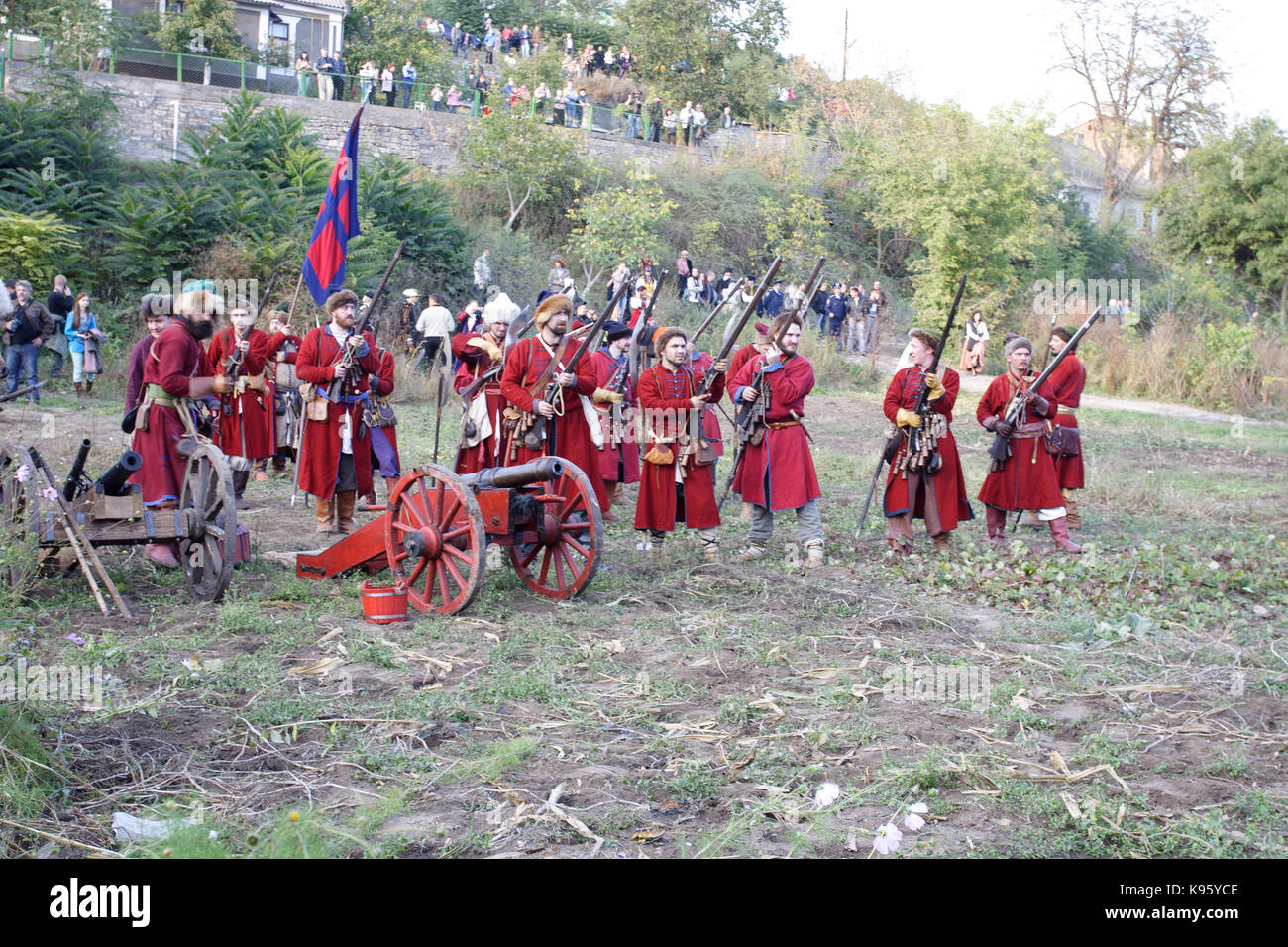 KAMYANETS-PODILSKY, UKRAINE - OCTOBER 3, 2009: Members of history club wear historical uniform 17 century during historical reenactment. Grand Duchy o Stock Photo