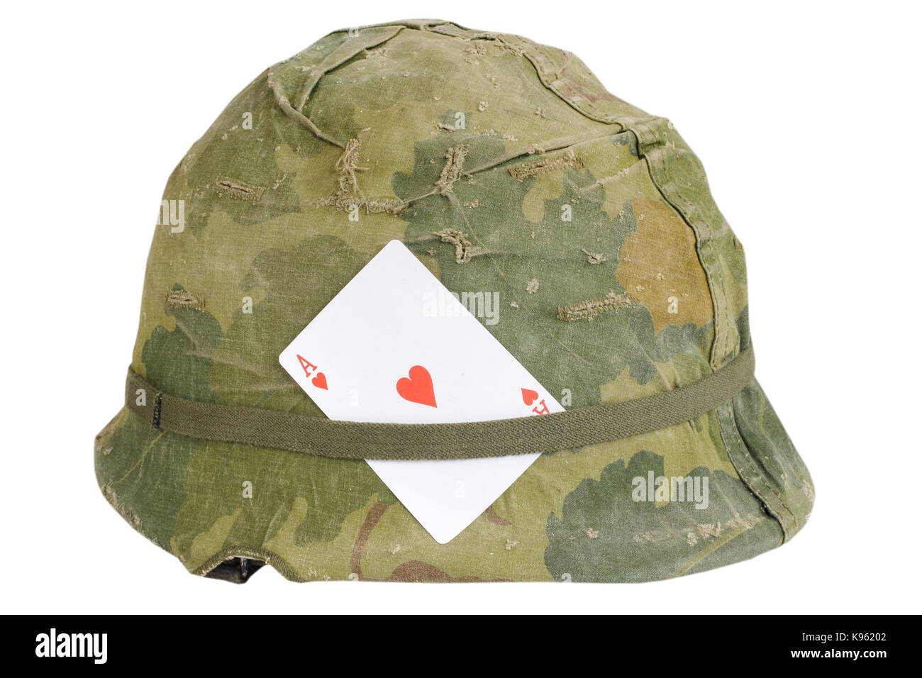 US Army helmet Vietnam war period with amulet ace of hearts playing