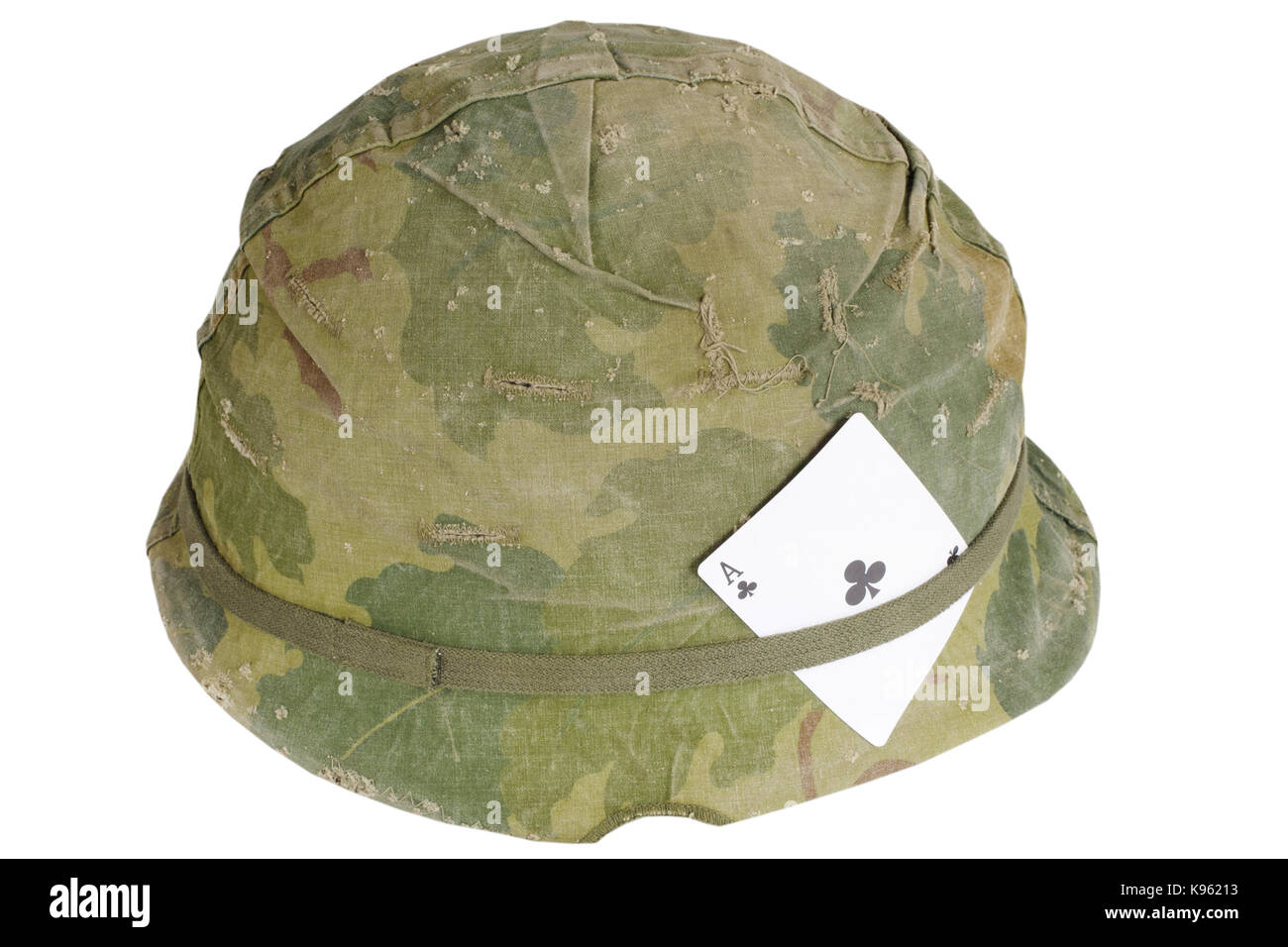 US Army helmet Vietnam war period with amulet ace of clubs playing