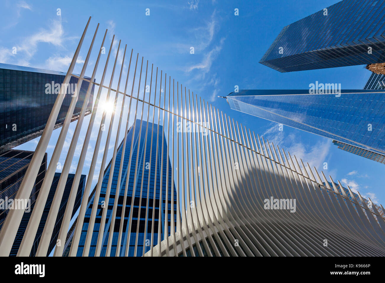 An exterior view of the World Trade Center Transportation Hub and the Freedom Tower. Stock Photo