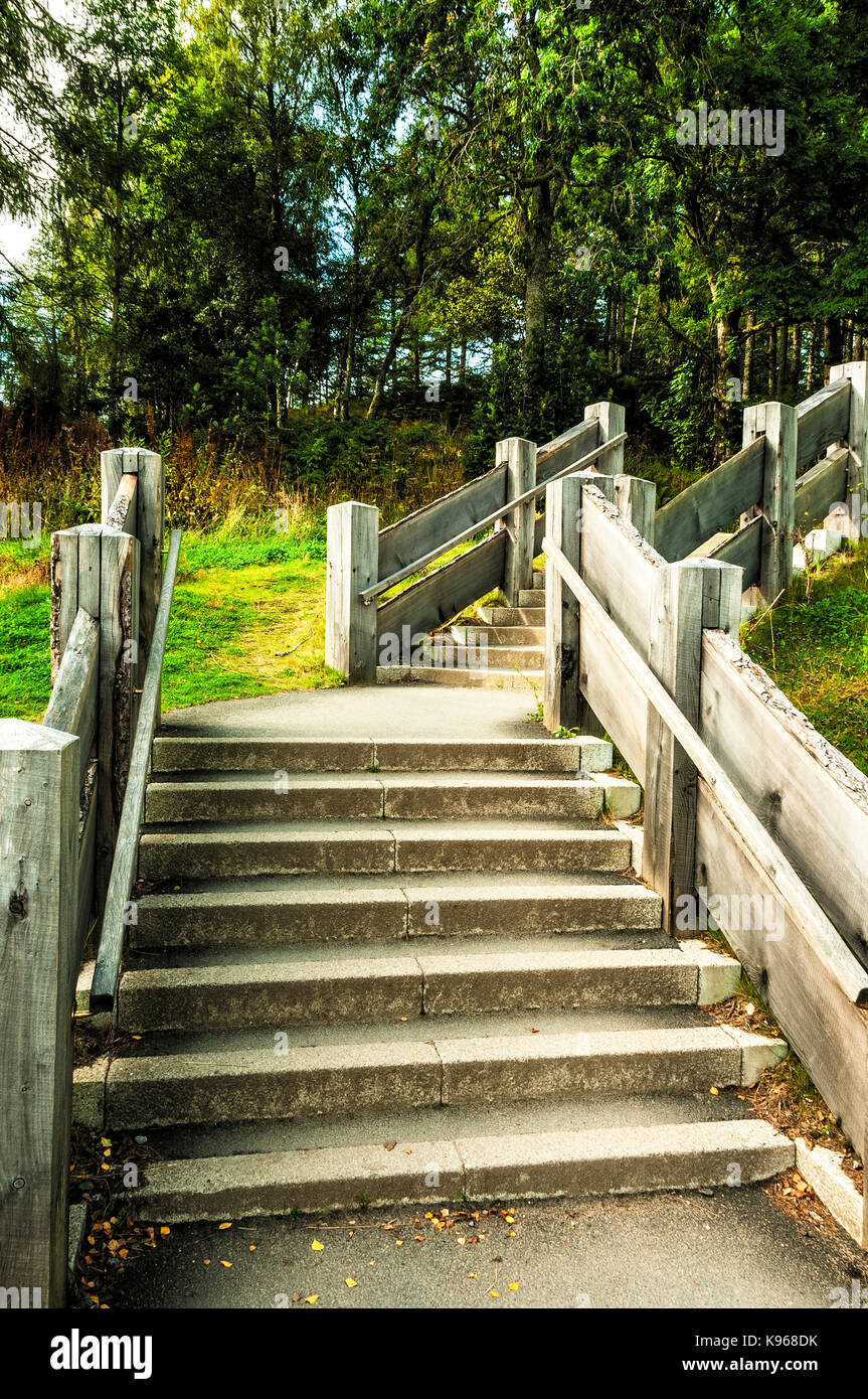 A flight of stone steps bounded on each side by protective wooden railings ascends a grass bank to a flat platform before climbing again at an angle Stock Photo