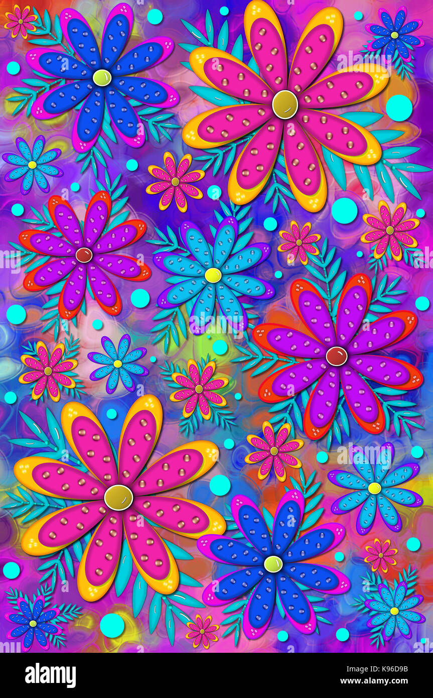 Mod and fun scrapbooking background has layered flower with 3D shiny beads.  Brilliant colors of pink, blue and purple color flowers and background. Stock Photo