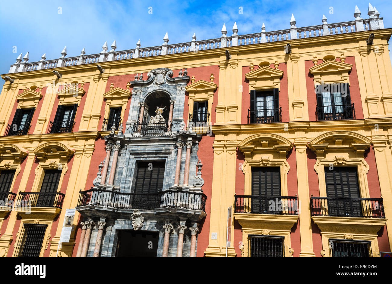 Malaga, Spain - March 5, 2017:  Facade of the Bishop's Palace of Malaga. Stock Photo