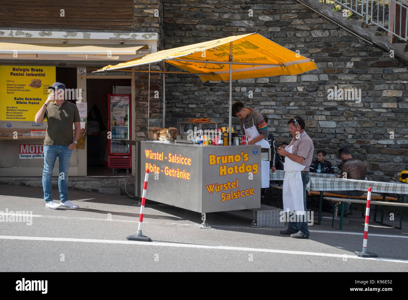 Bruno's hotdog stand in Stevlio town at the top of the Stelvio Pass, one of the Alps Ultra High passes, from Italy into Switzerland Stock Photo