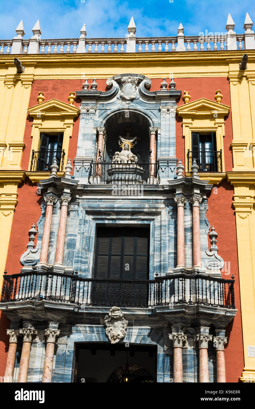 Malaga, Spain - March 5, 2017:  Facade of the Bishop's Palace of Malaga. Stock Photo