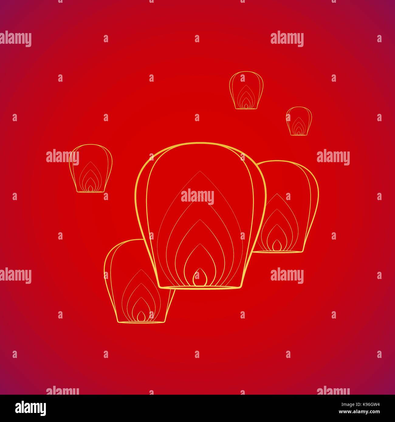 vector gold traditional Chinese floating sky lanterns Kongming  yellow contour illustration design on red background Stock Vector