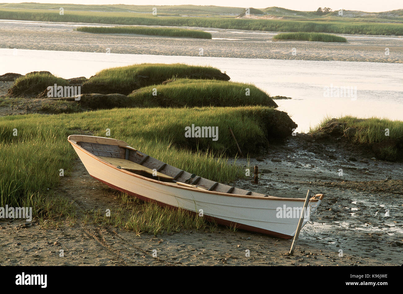 Rowing skiff at rest at low tide on Gray's Beach in Yarmouth Port